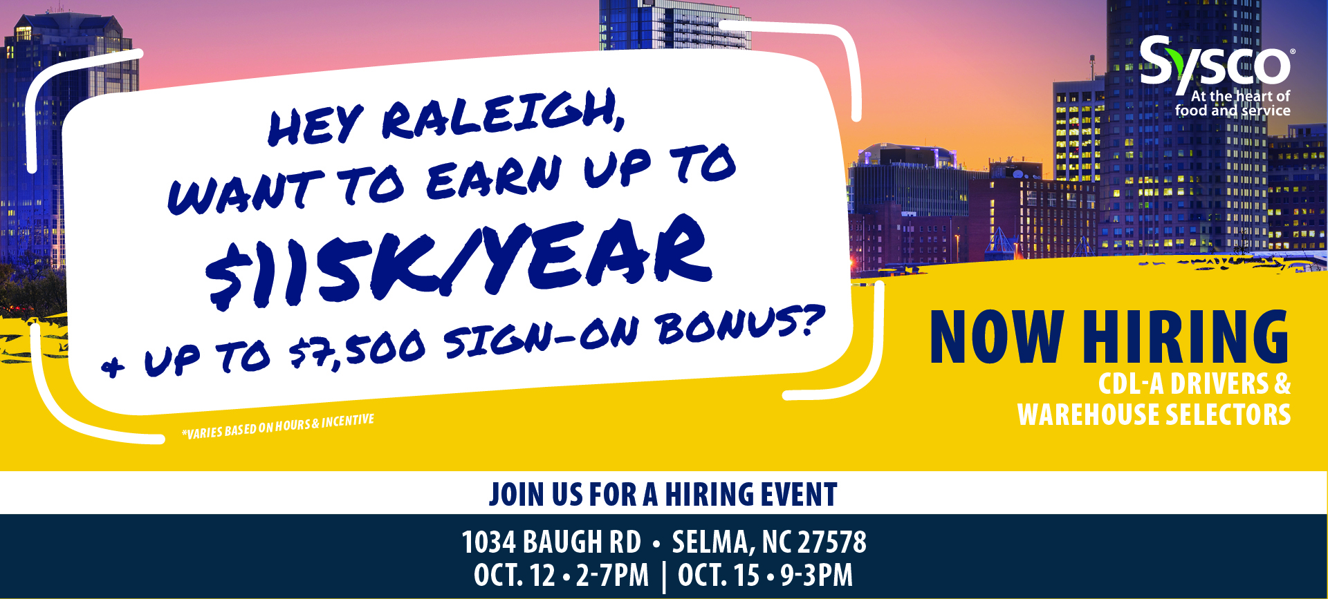 Sysco Raleigh Hiring Events Sept & Oct, 2022